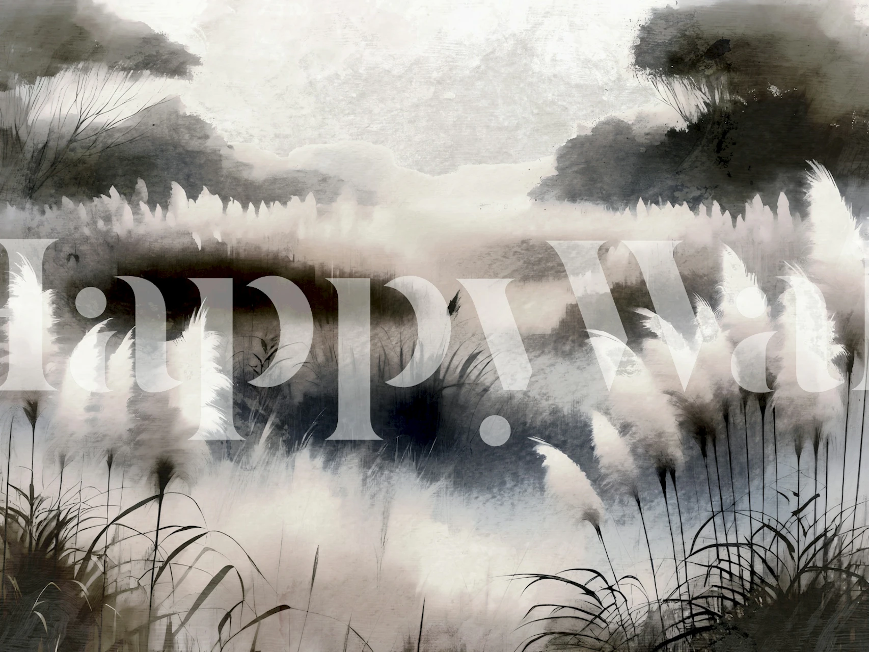 Black and white misty reeds wallpaper in serene landscape