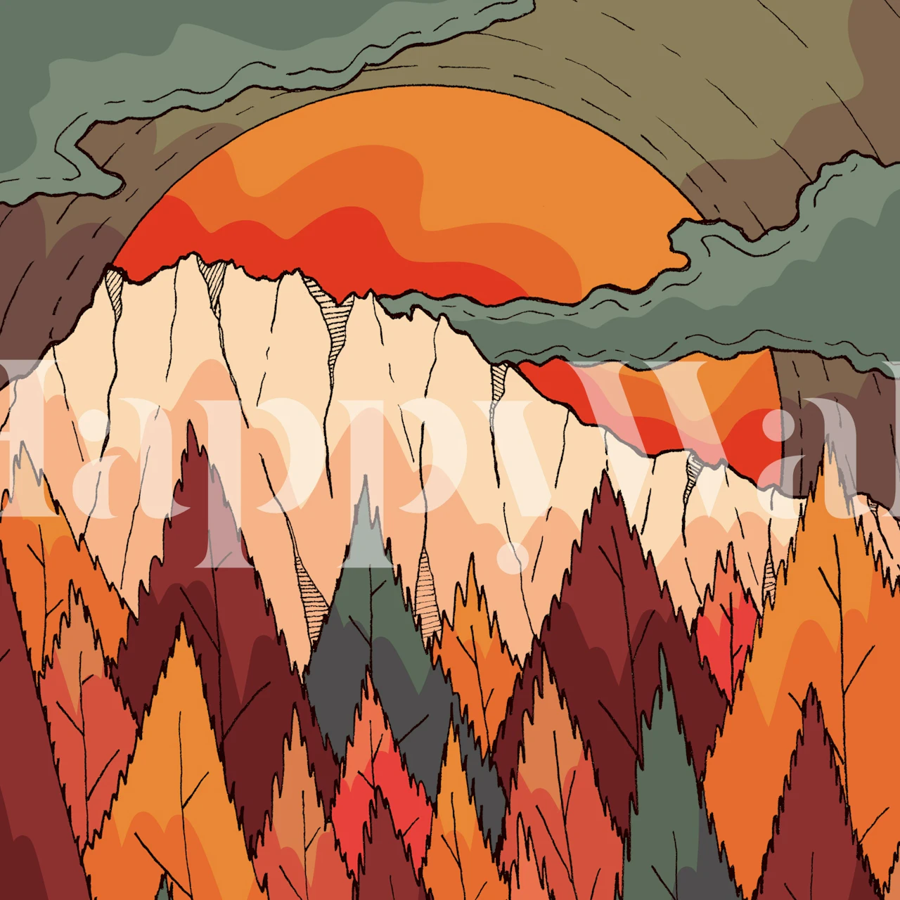 Autumn mountain landscape with orange sun and colorful foliage wallpaper