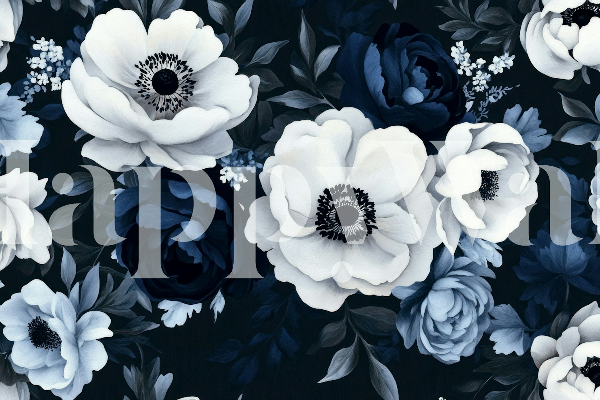 Midnight blue wallpaper with white and navy floral design, botanical elements, elegant floral wallpaper