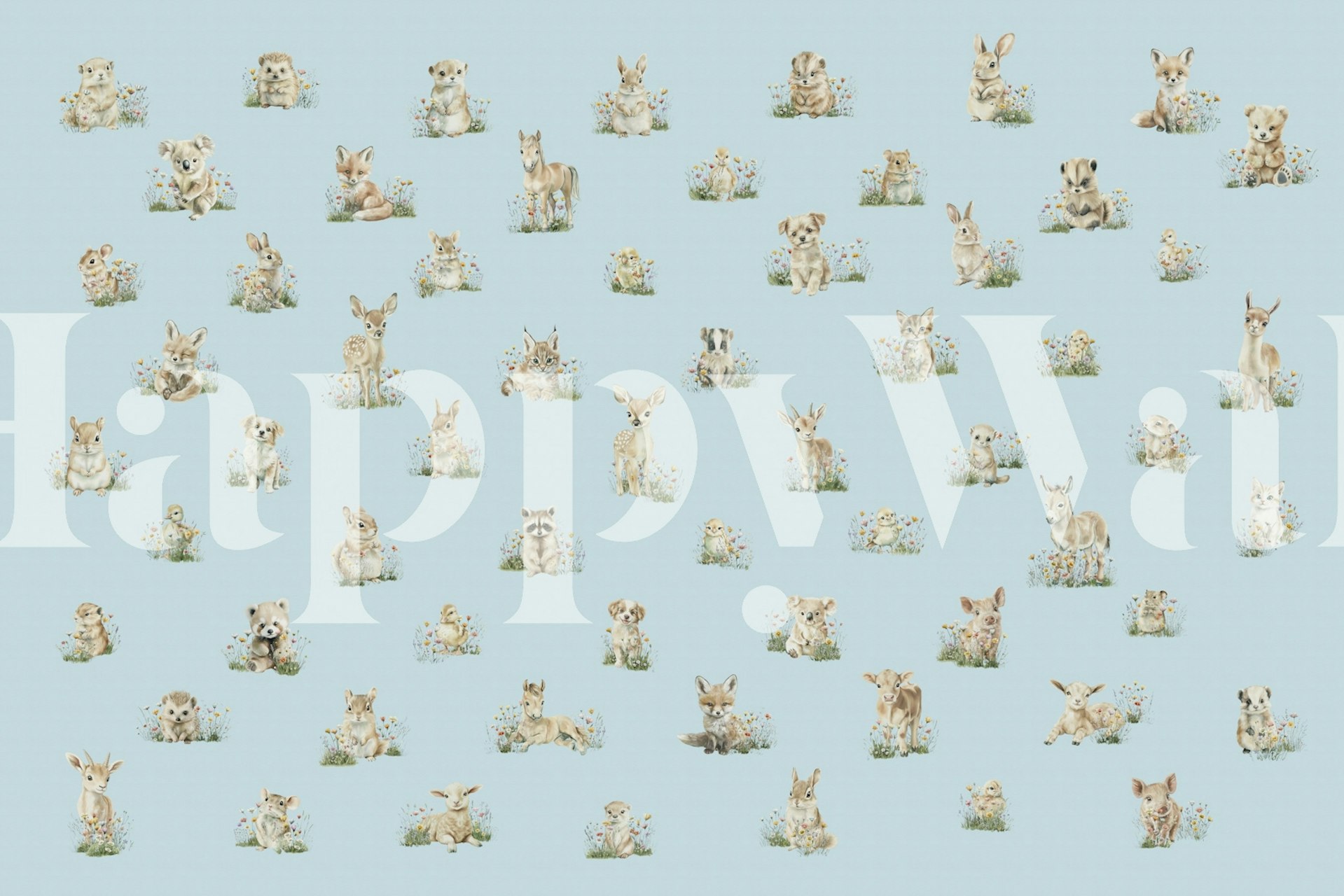 Ταπετσαρία με Baby Animal Bliss σε baby blue με μωρά ζώα σε μπλε φόντο