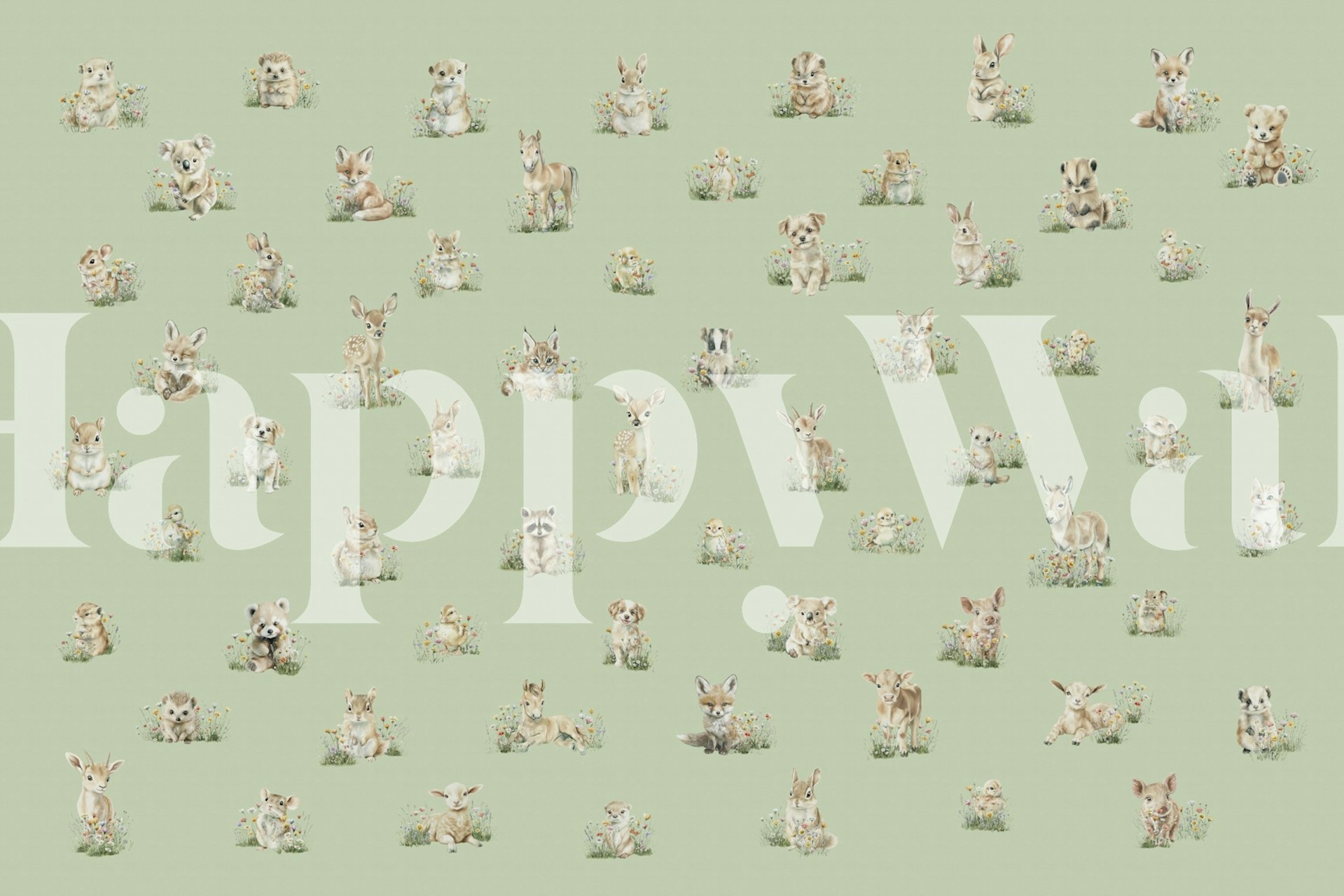 Baby animal wallpaper in olive green room