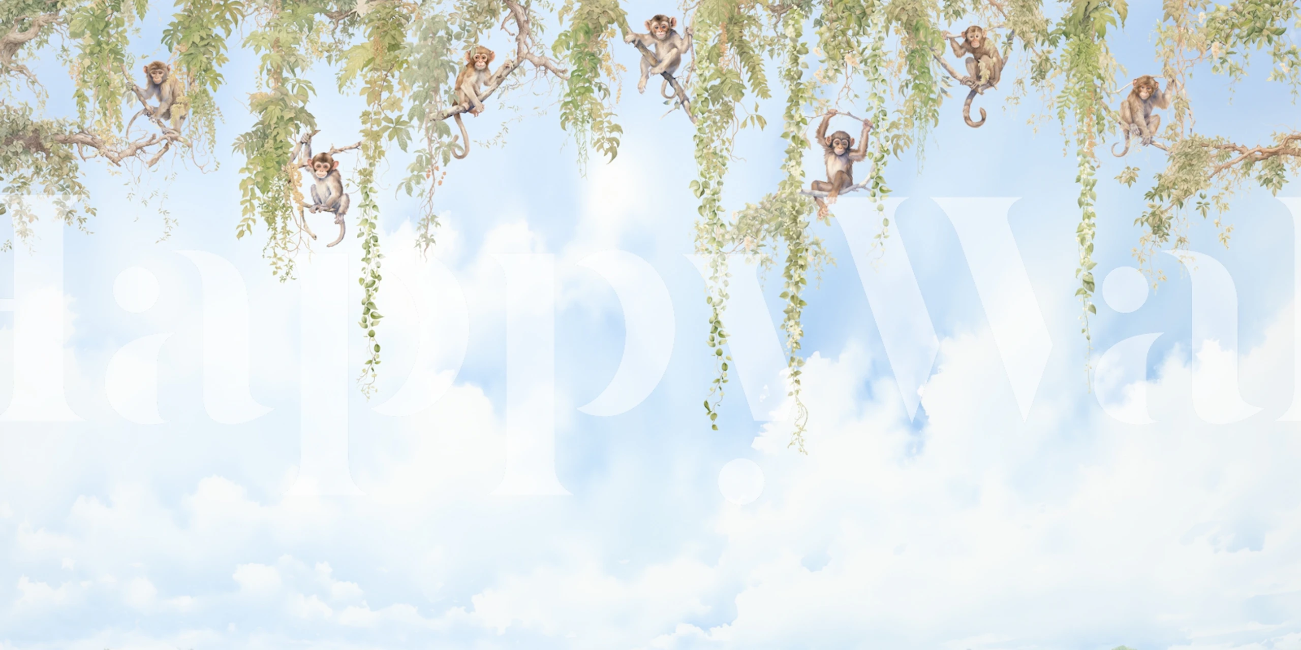 Wallpaper featuring playful monkeys in a room