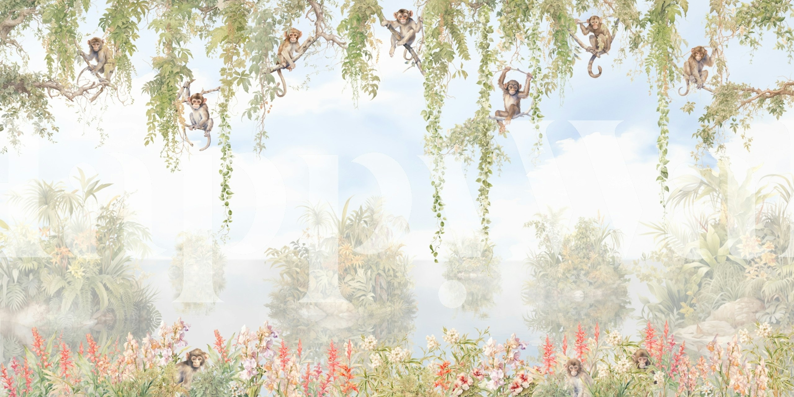 Monkeys in trees with colorful floral backdrop wallpaper