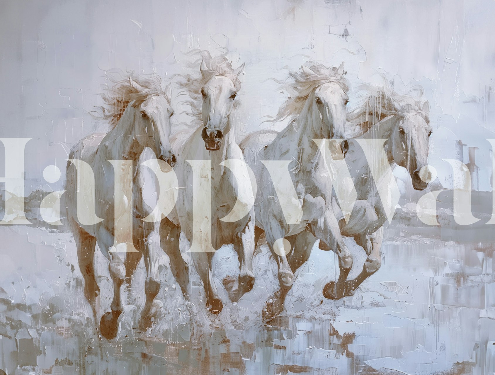White horses running in water on warm white background wallpaper
