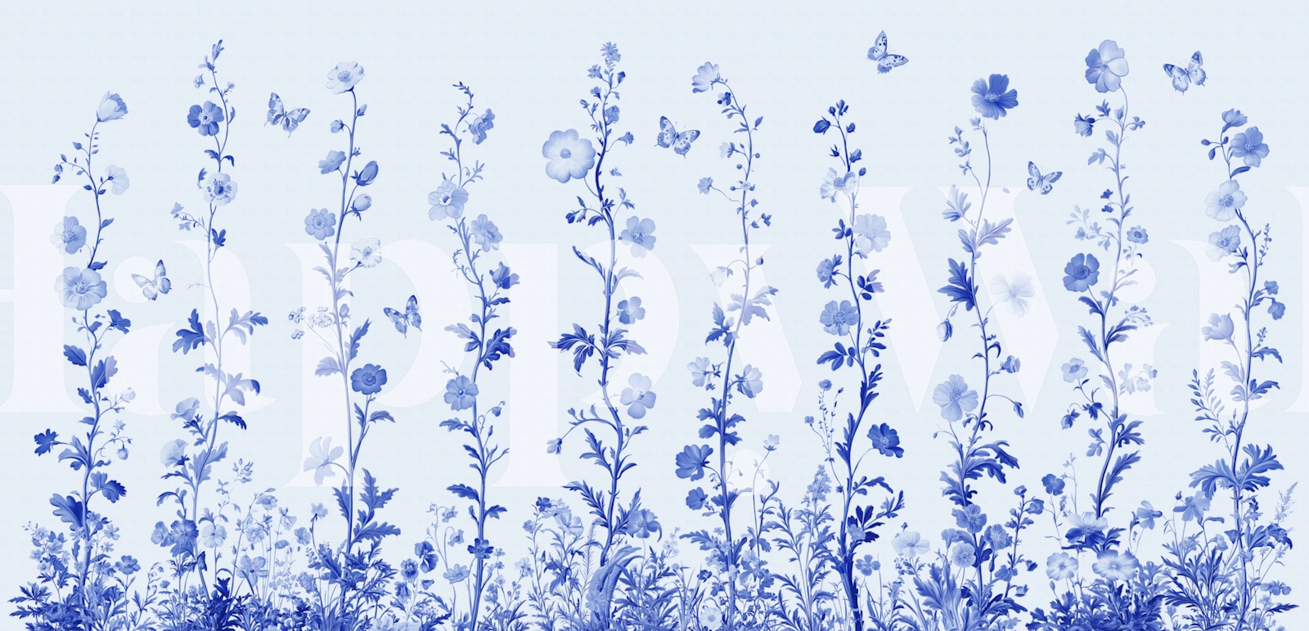 Blue floral pattern with butterflies, botanical wallpaper
