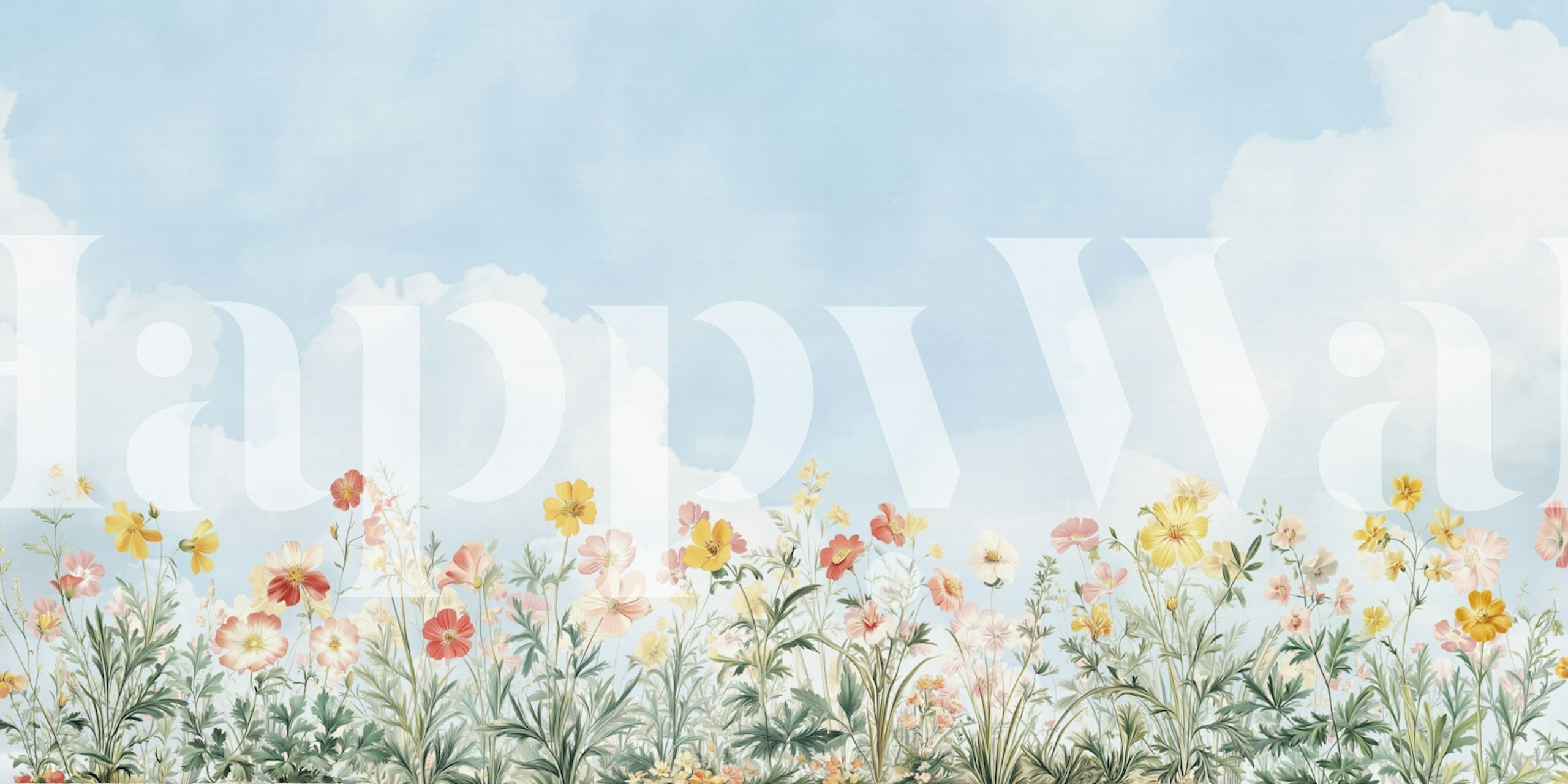 Colorful floral patterns with pink, yellow, and green on blue sky wallpaper