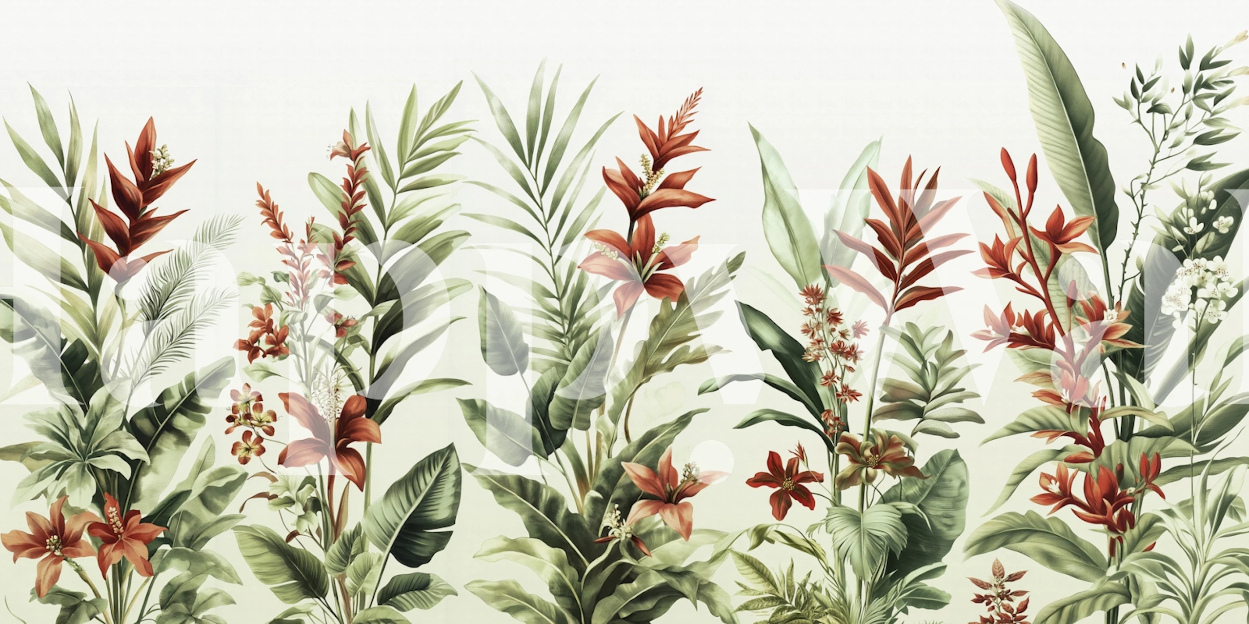 Tropical floral green wallpaper with various plants and flowers