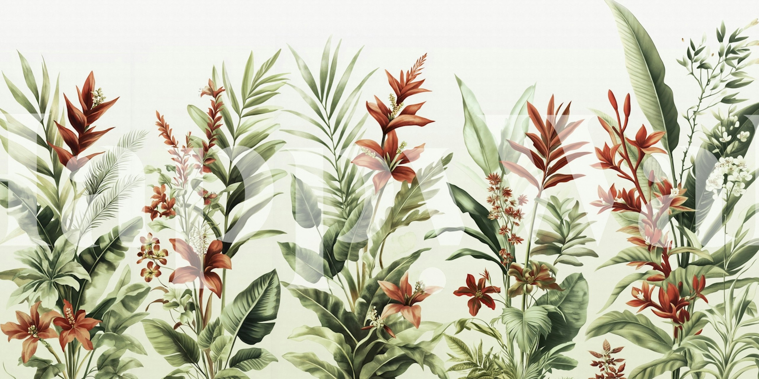 Tropical floral green wallpaper with various plants and flowers