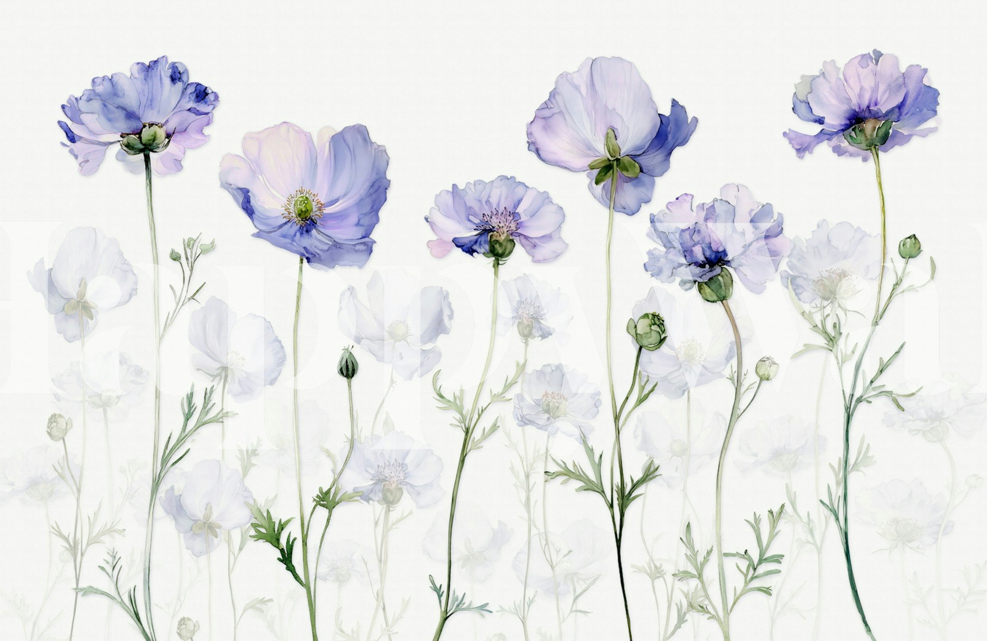 Pastel floral wallpaper with blue flowers and white petals in soft colors