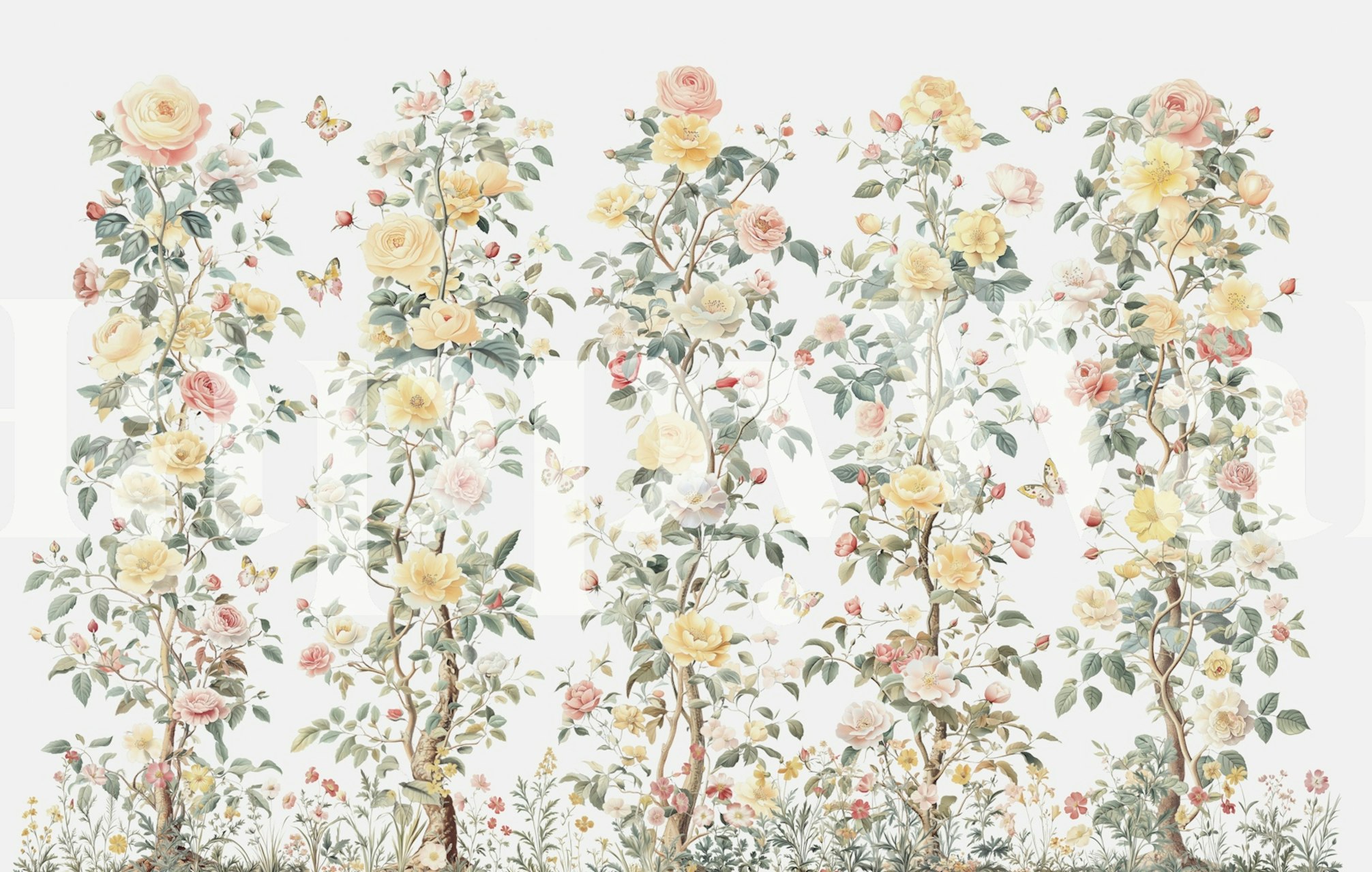 Rose garden floral wallpaper with pink and yellow roses, green leaves, and butterflies