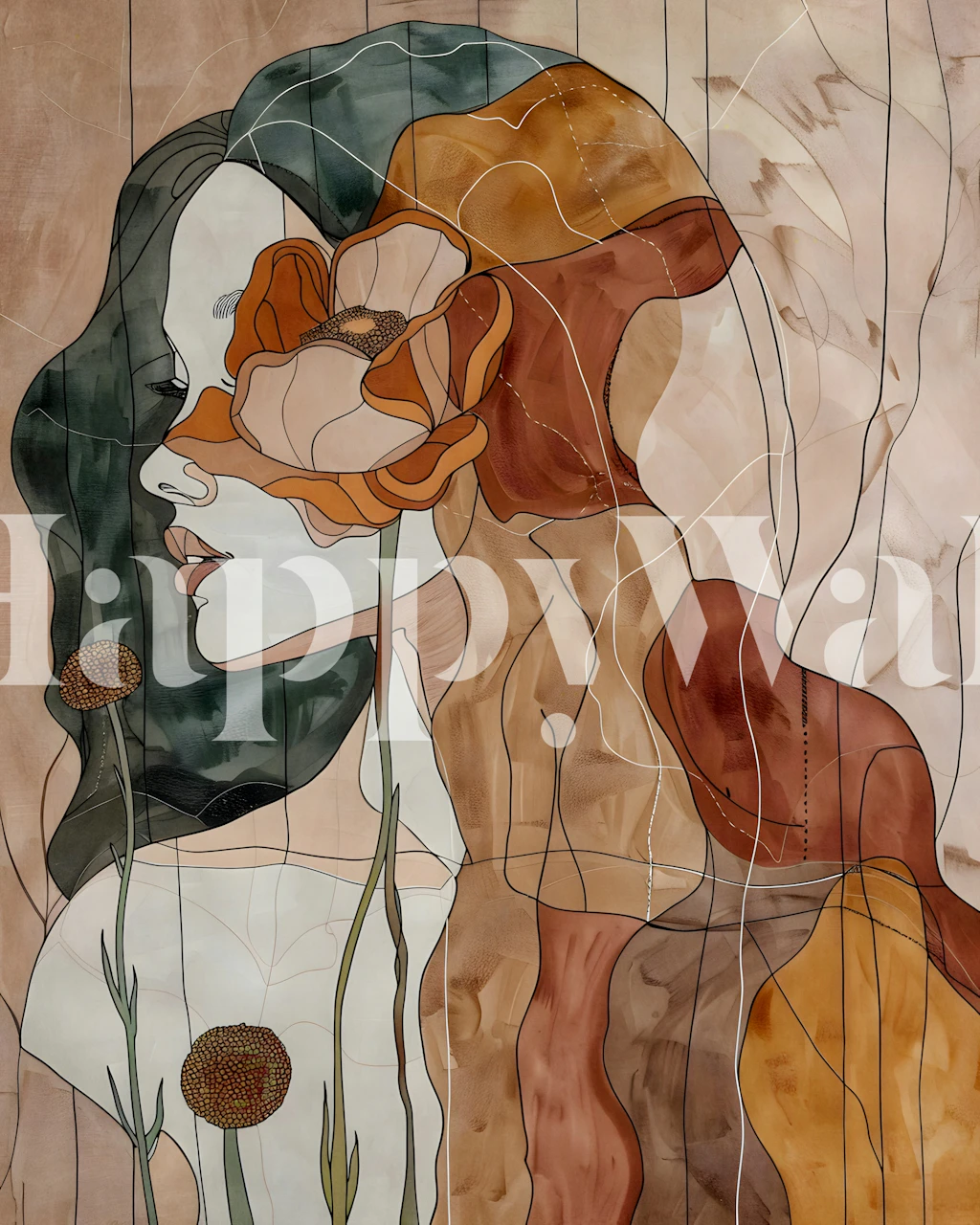 Abstract woman wallpaper in earthy tones room