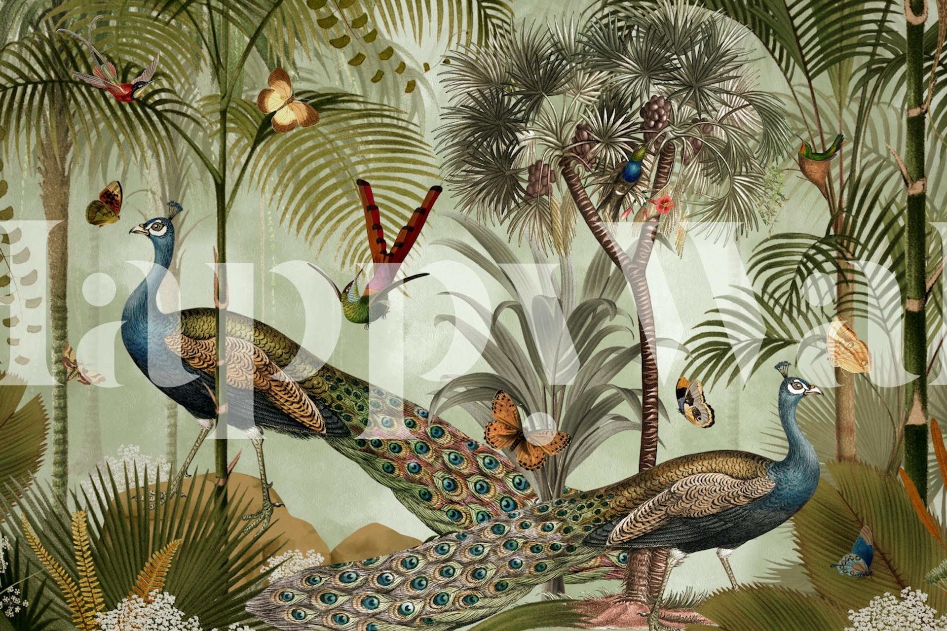 Tropical jungle scene with peacocks and butterflies wallpaper