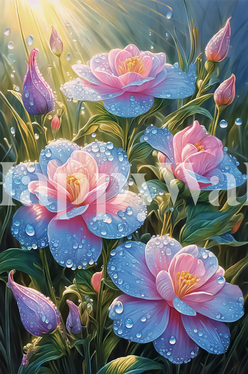Pink flowers with dewdrops against green leaves wallpaper