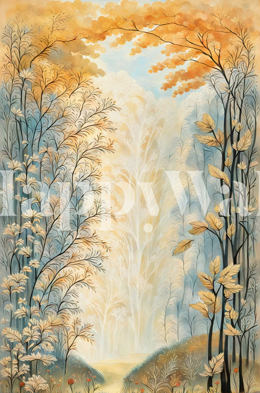 Floral wallpaper featuring light blue and gold trees in a woodland setting