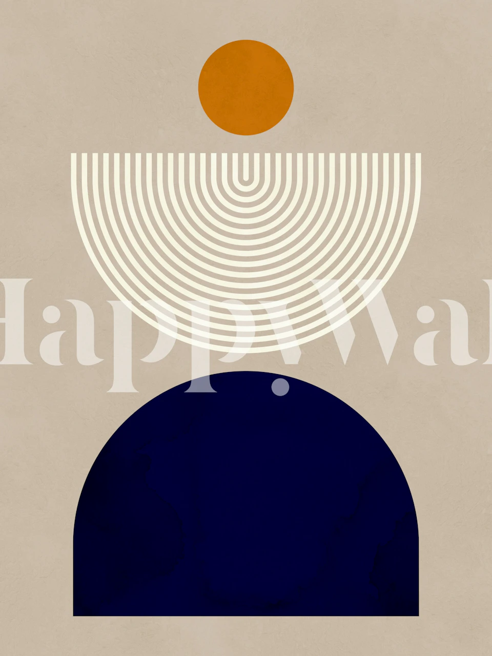 Geometric shapes including a navy half-circle, white curved lines, and an orange circle wallpaper