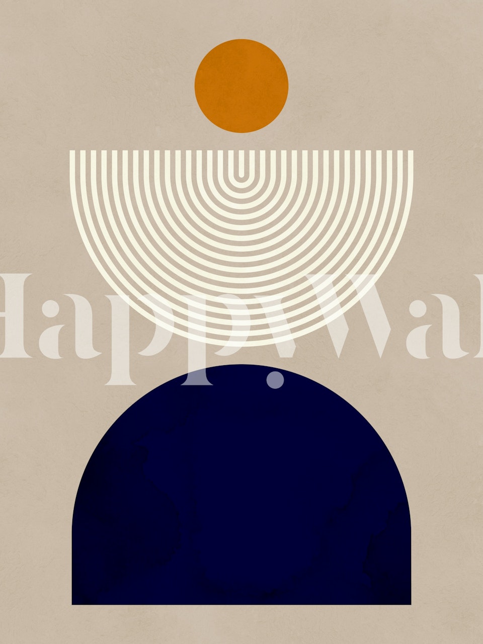 Geometric shapes including a navy half-circle, white curved lines, and an orange circle wallpaper