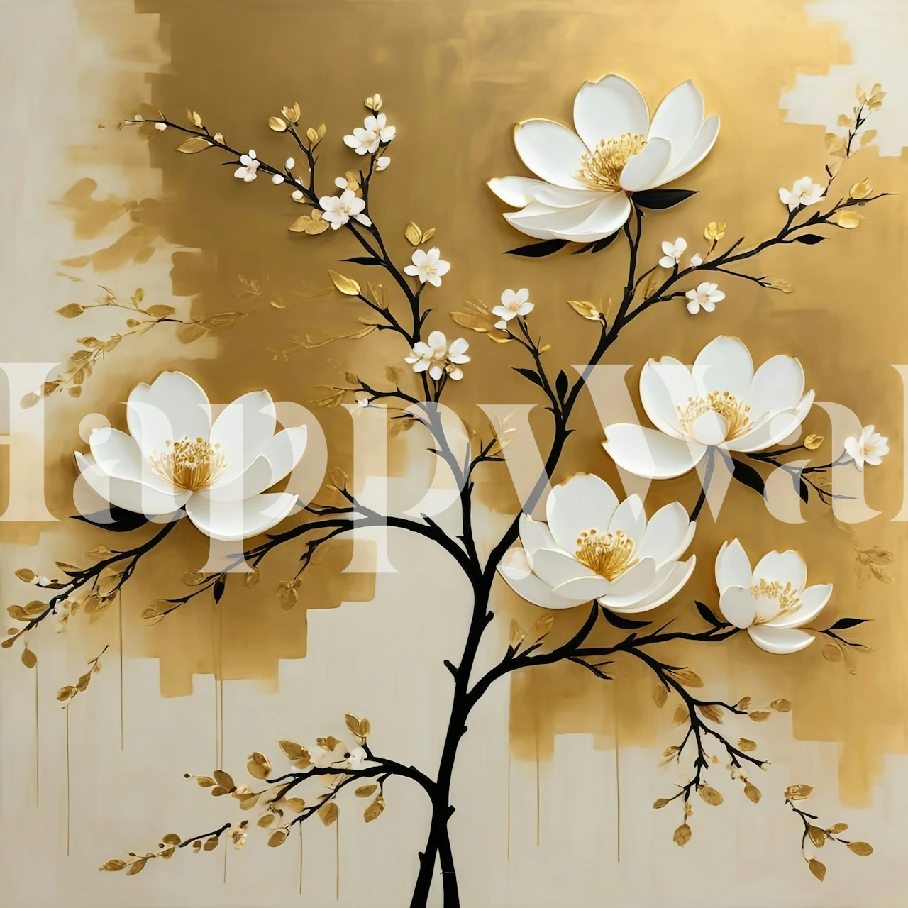 Gold floral design wallpaper with white flowers on branches