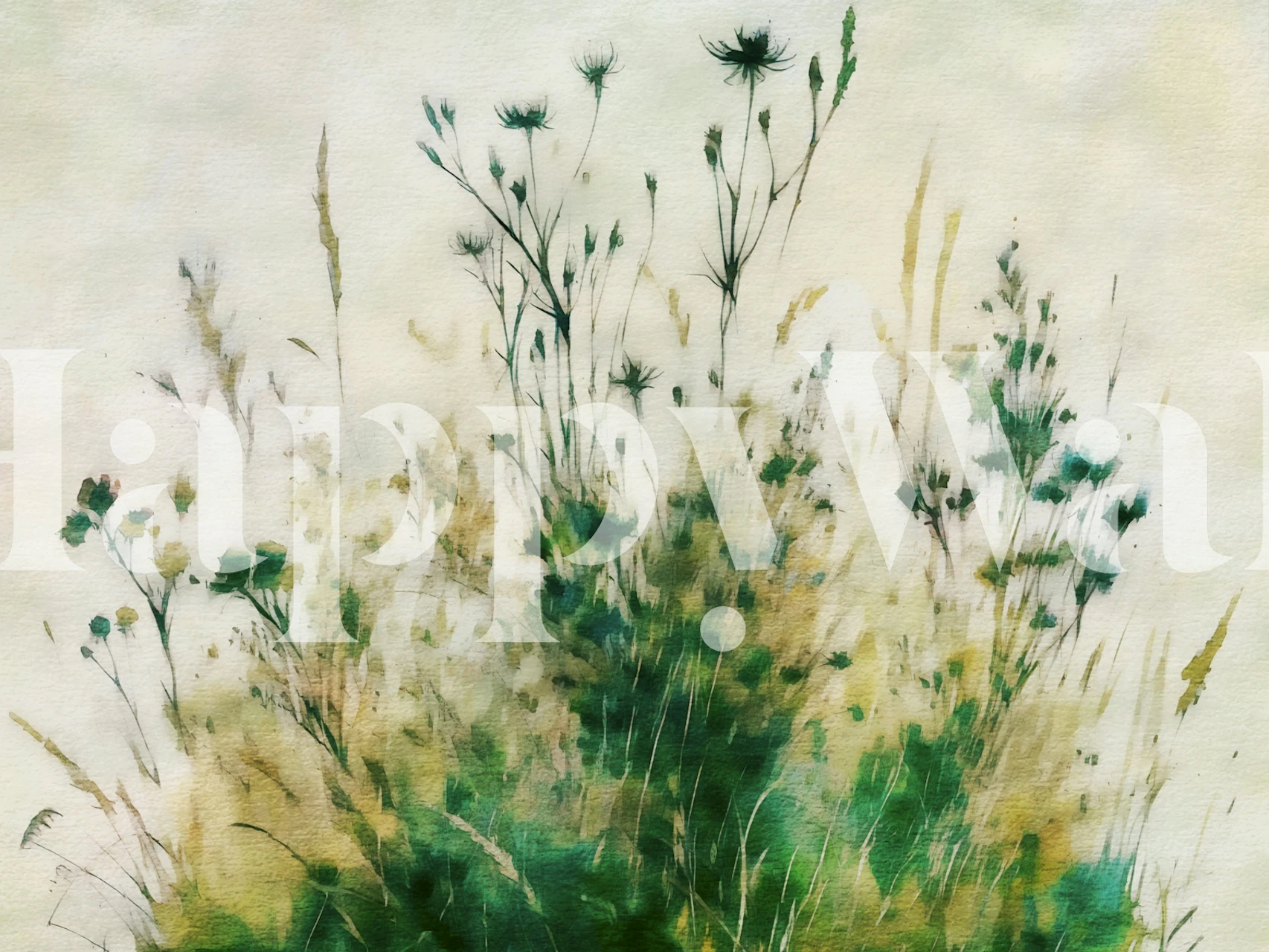 Watercolor floral scene with green grass and wildflowers wallpaper