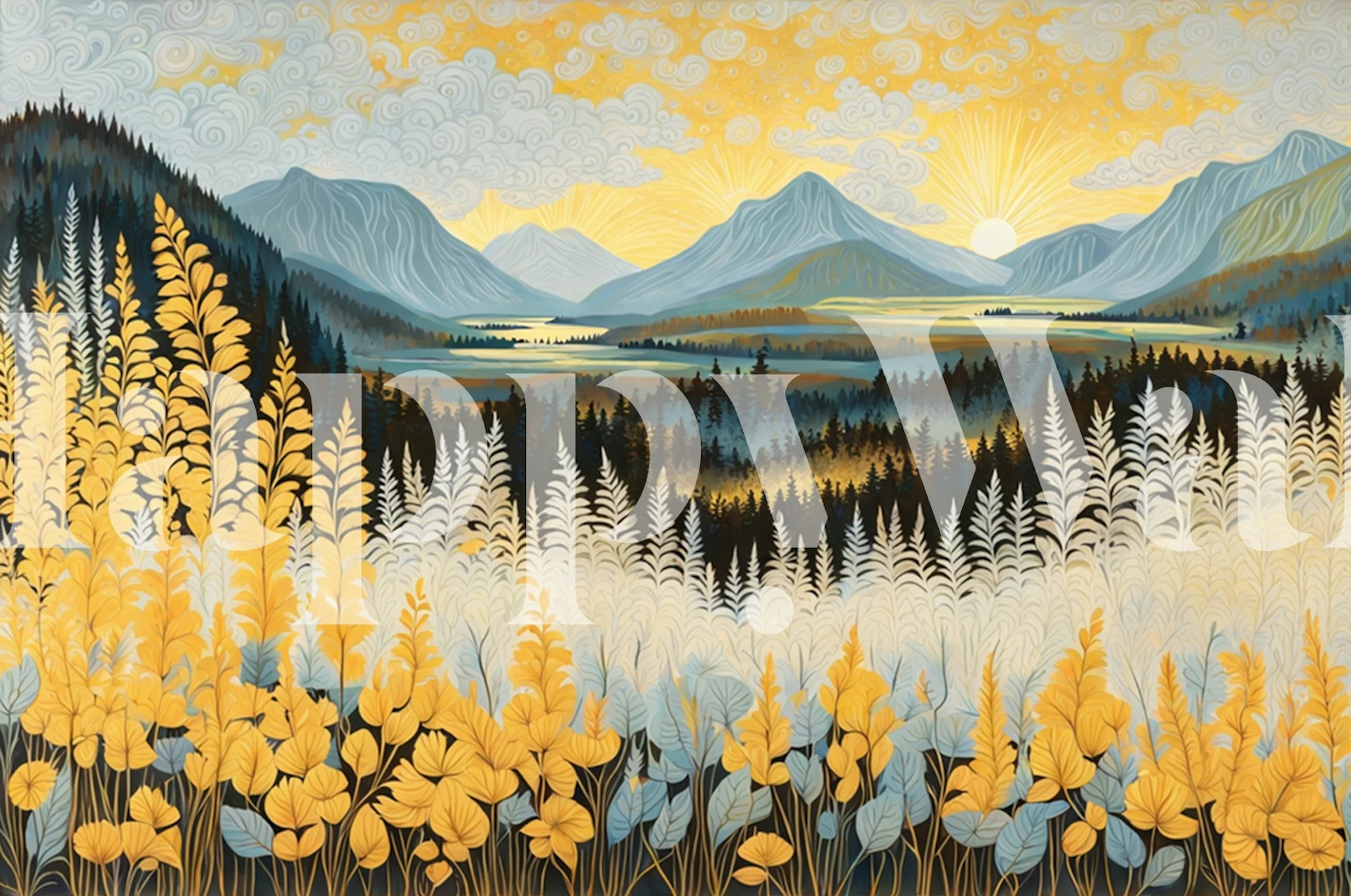 Mountain Dawn Vista wallpaper in a room