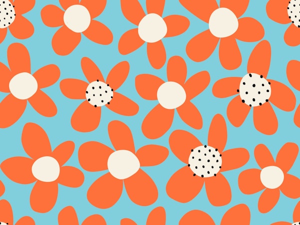 Playful Blooming Flowers Scarlet on Blue