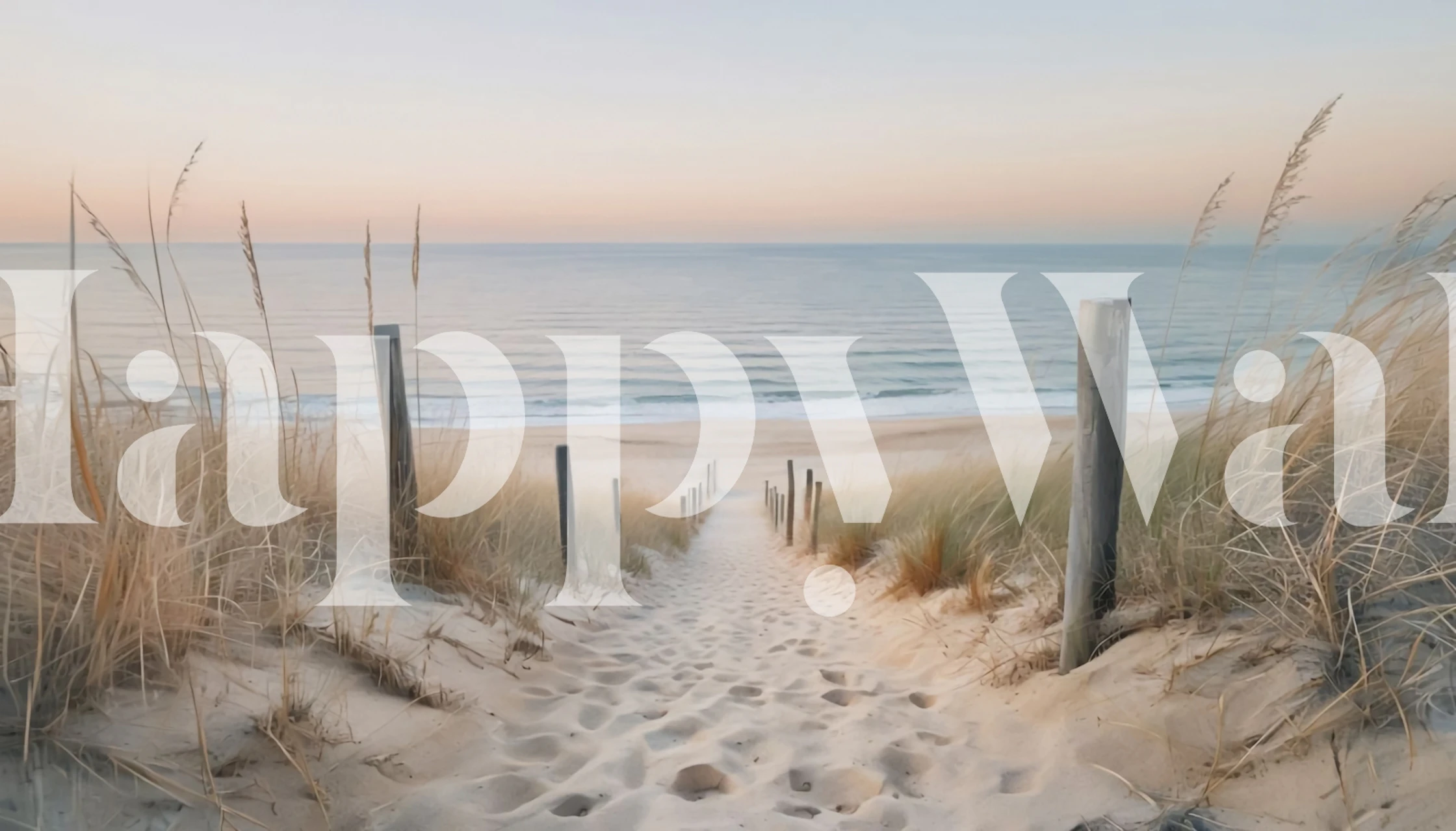 Beach path with sandy steps, soft blue ocean, sunset colors wallpaper