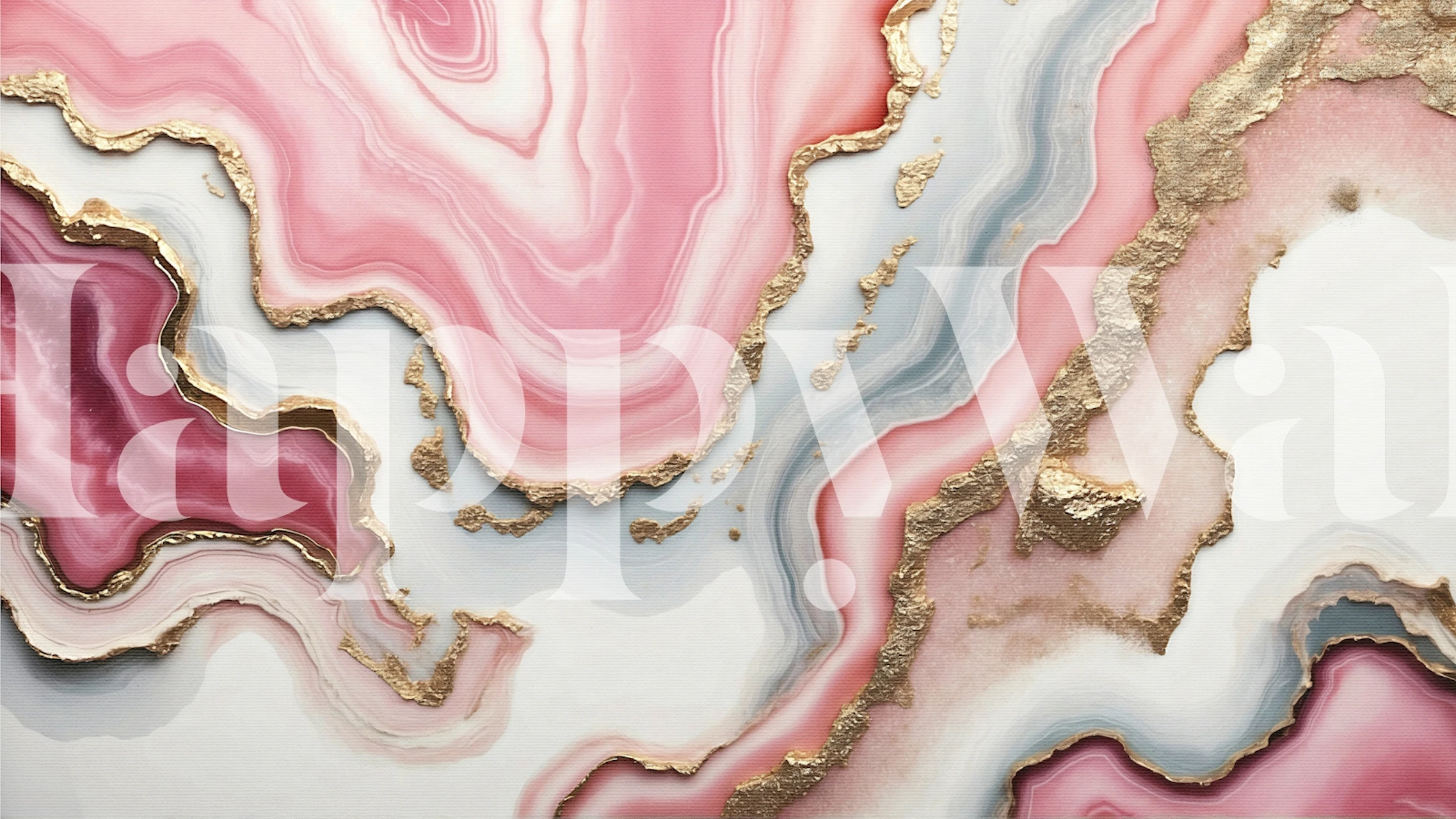 Marble wallpaper featuring pink and gold swirls in a chic design.