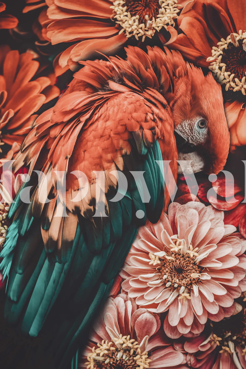 Tropical bird with orange and teal feathers atop pink flowers wallpaper