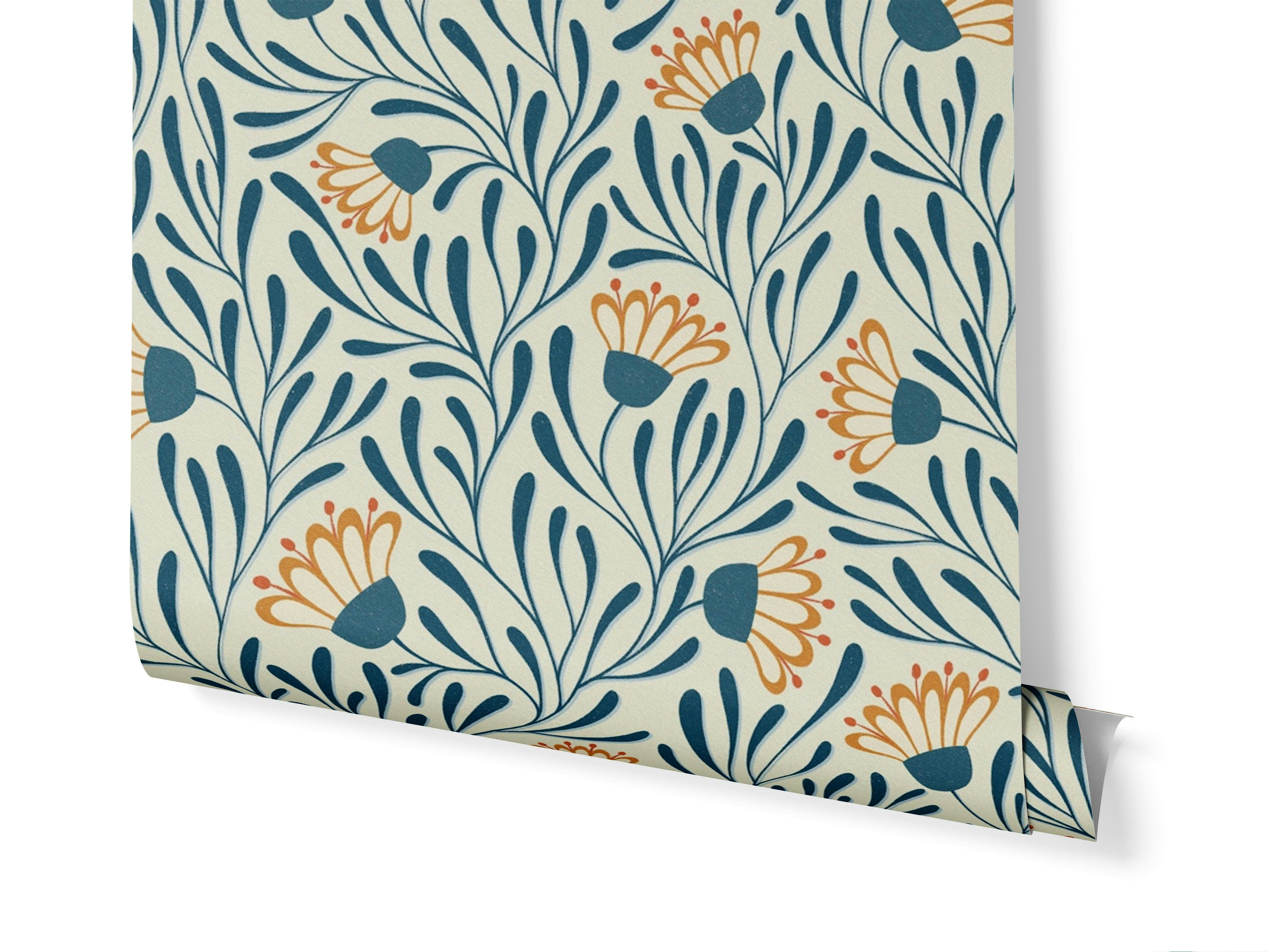 floral tangled daisies - orange / indigo blue wallpaper roll