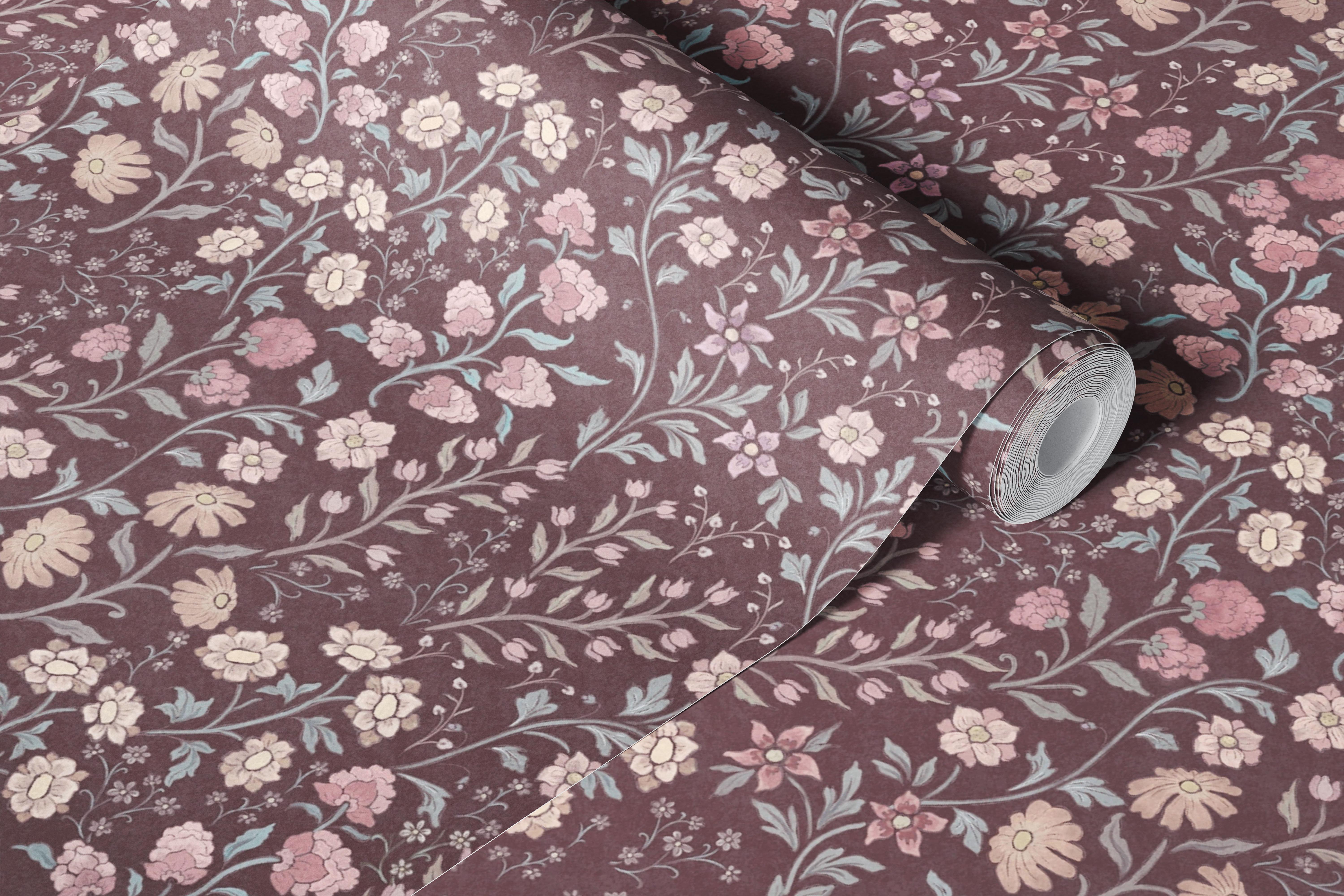 Bohemian floral wallpaper in a warm brown room (3/9)