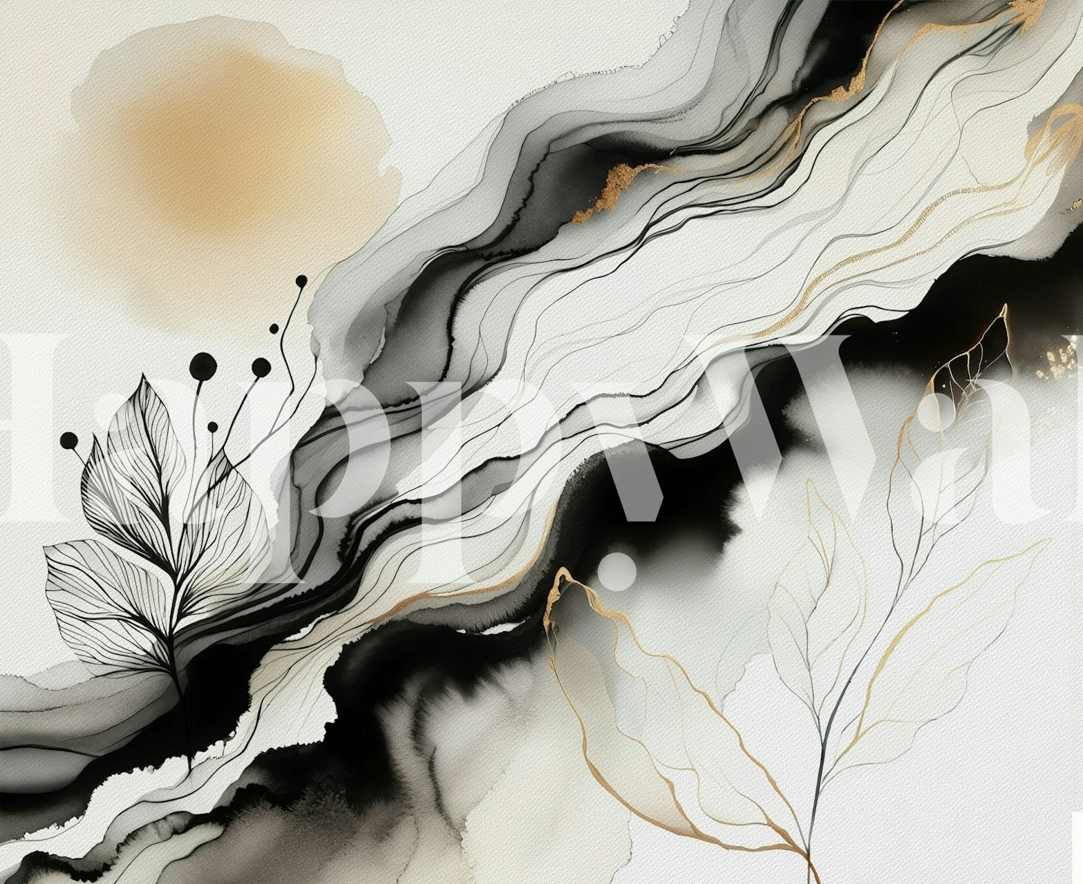 Tapeta Golden Veins Botanical vystavená v místnosti