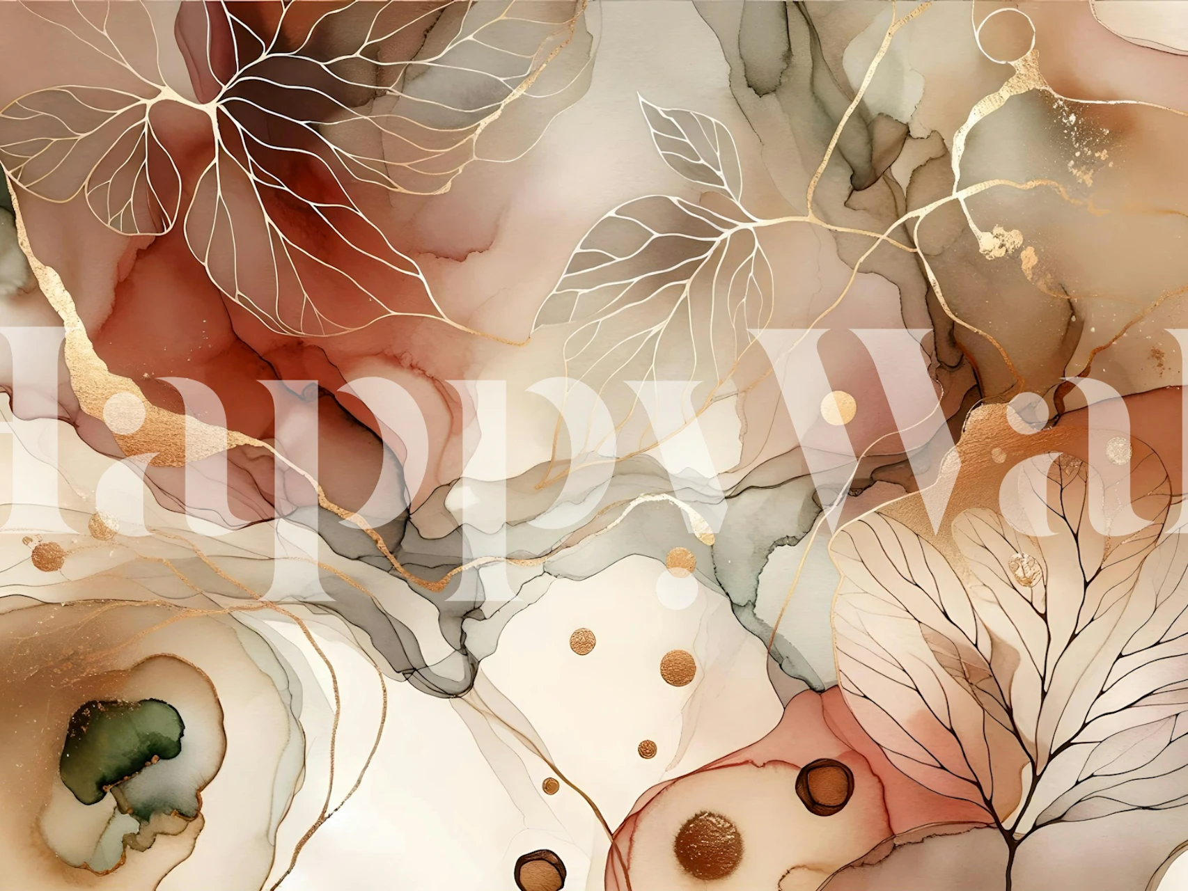 Autumn floral design with delicate leaves, soft reds, greens, gold accents, abstract wallpaper