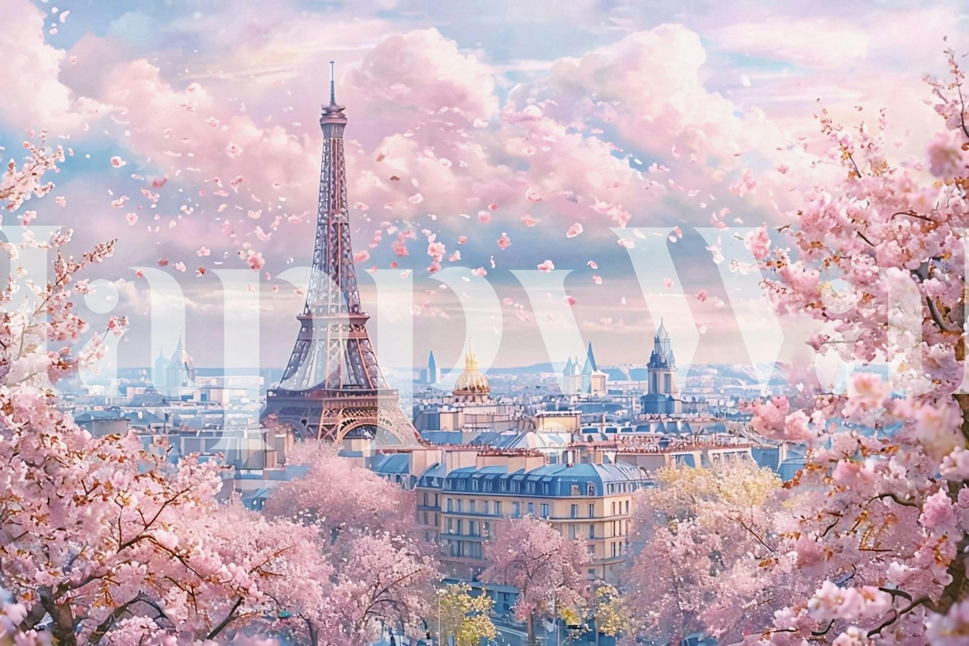 Carta da parati Spring Blossom con skyline di Parigi