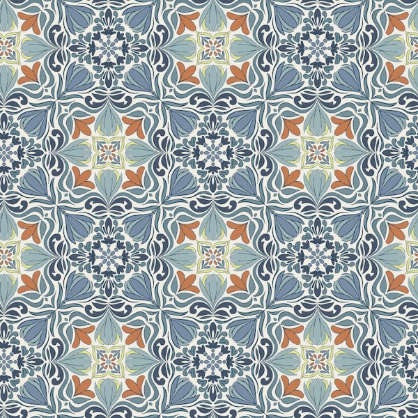 Block Print Floral Tile in soft indigo blue