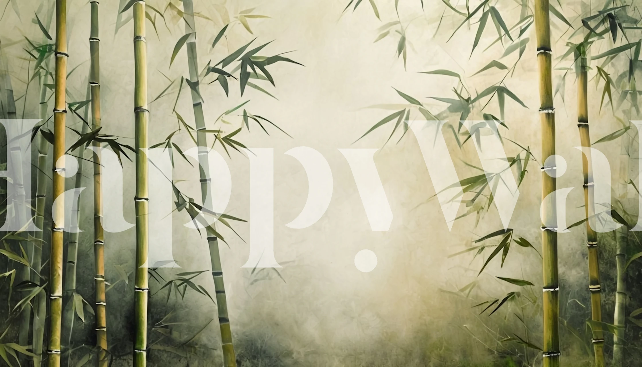 Bamboo stalks and leaves in soft greens and beige wallpaper