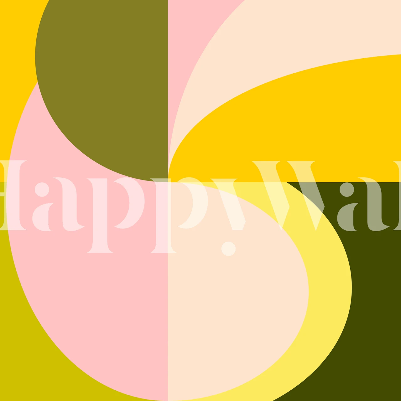 Muurschildering met abstracte geometrische vormen in citruskleuren, waaronder gele, roze en groene tinten