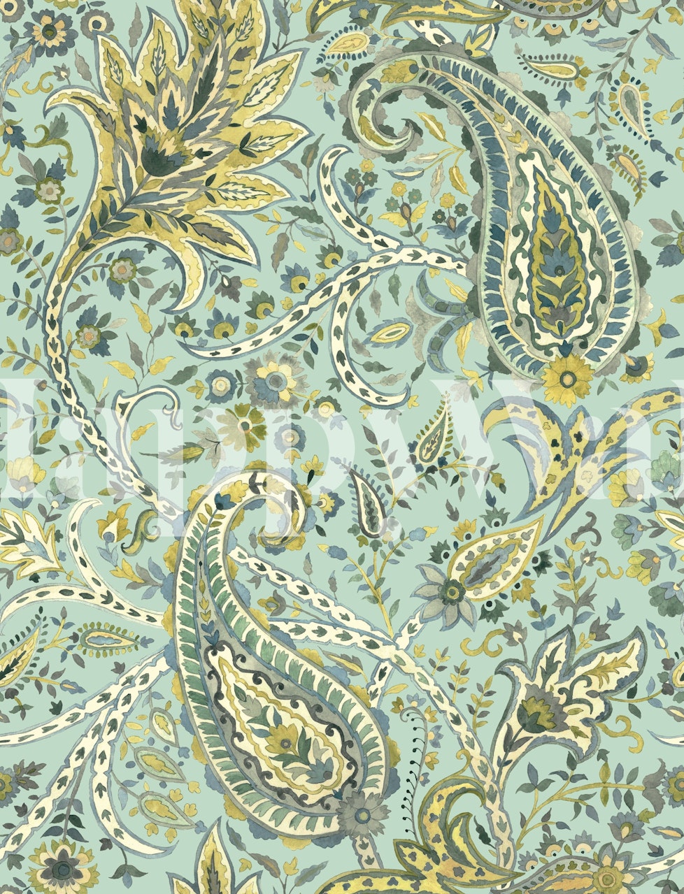 Floral paisley pattern in green, gold, and beige wallpaper