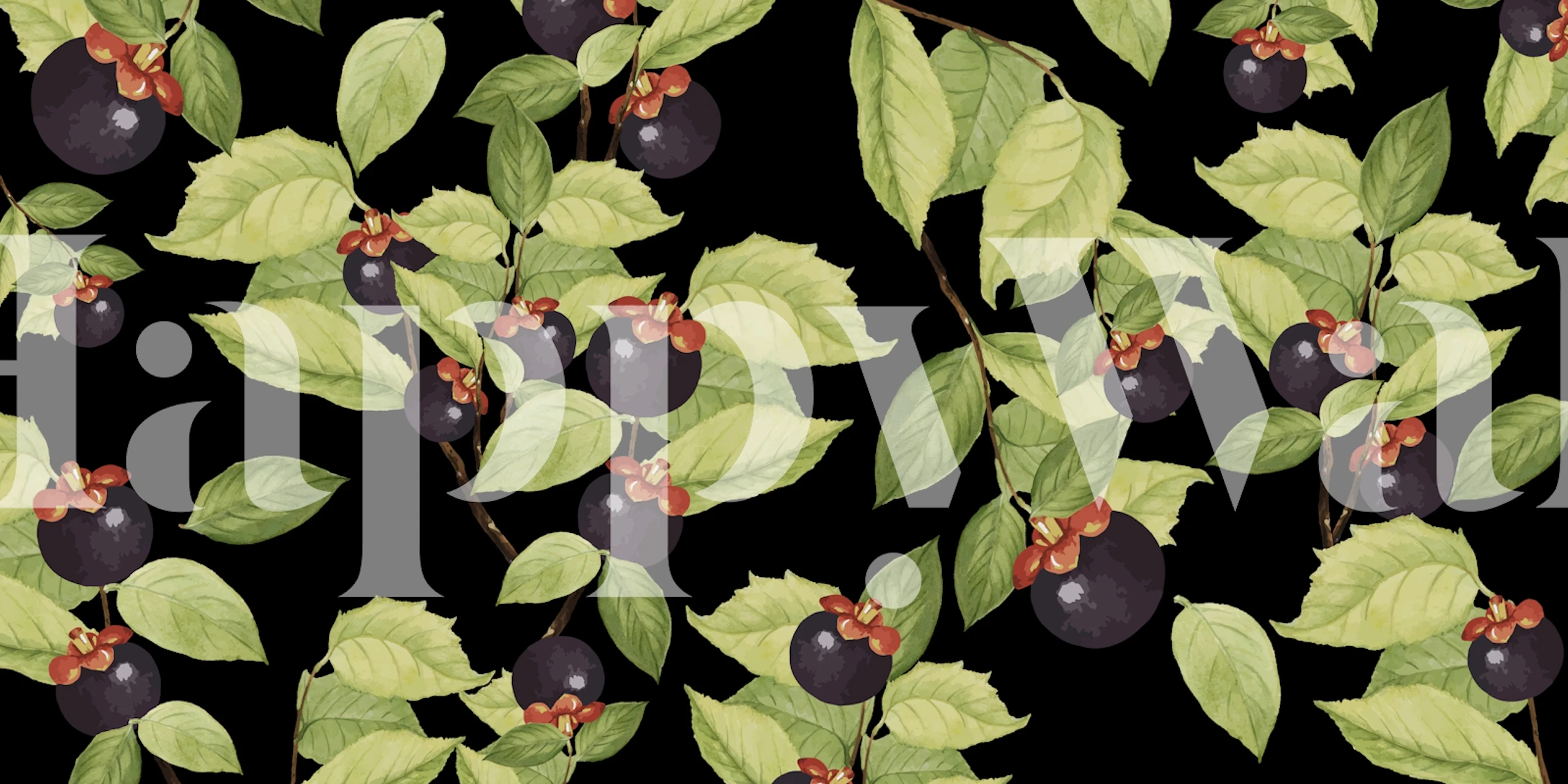 Black floral wallpaper with green leaves and dark fruits
