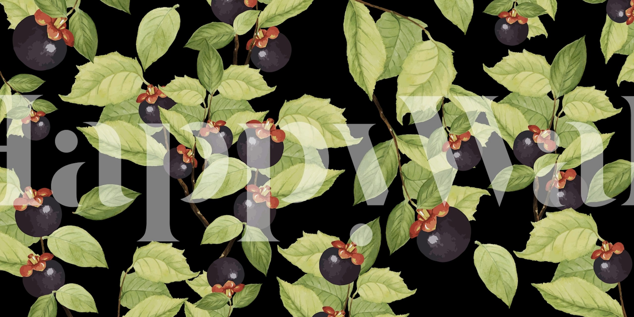 Black floral wallpaper with green leaves and dark fruits