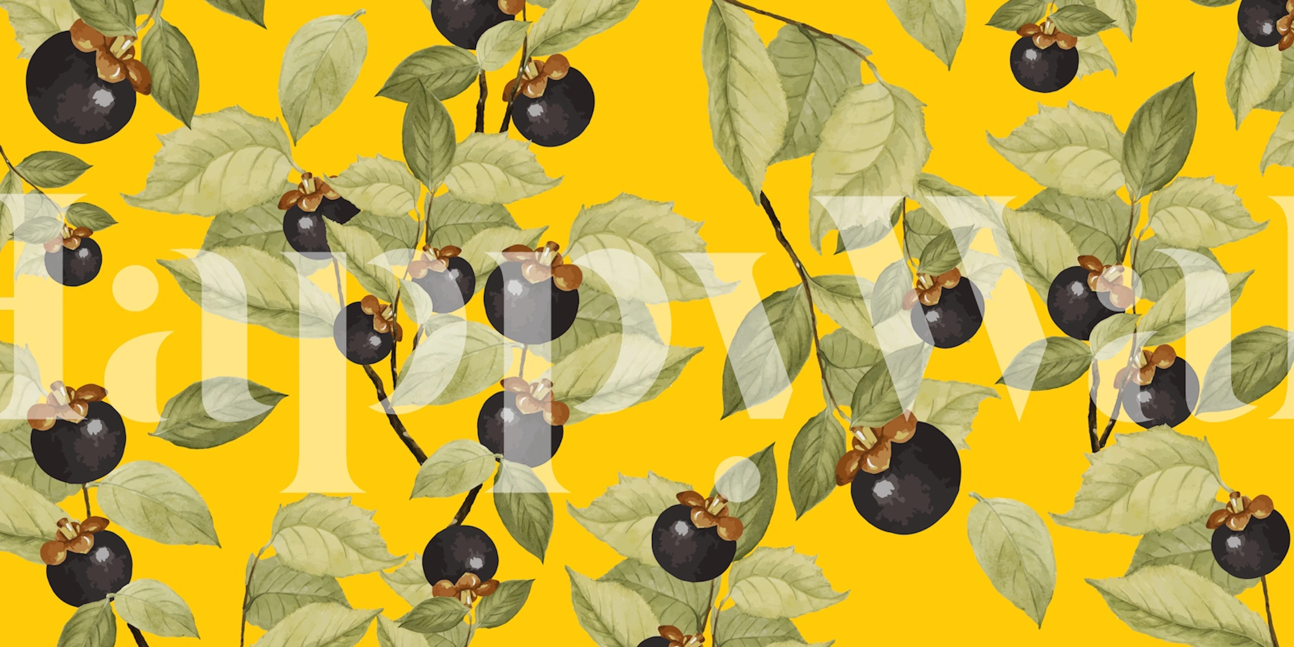 Yellow background wallpaper with black fruit and green leaves pattern