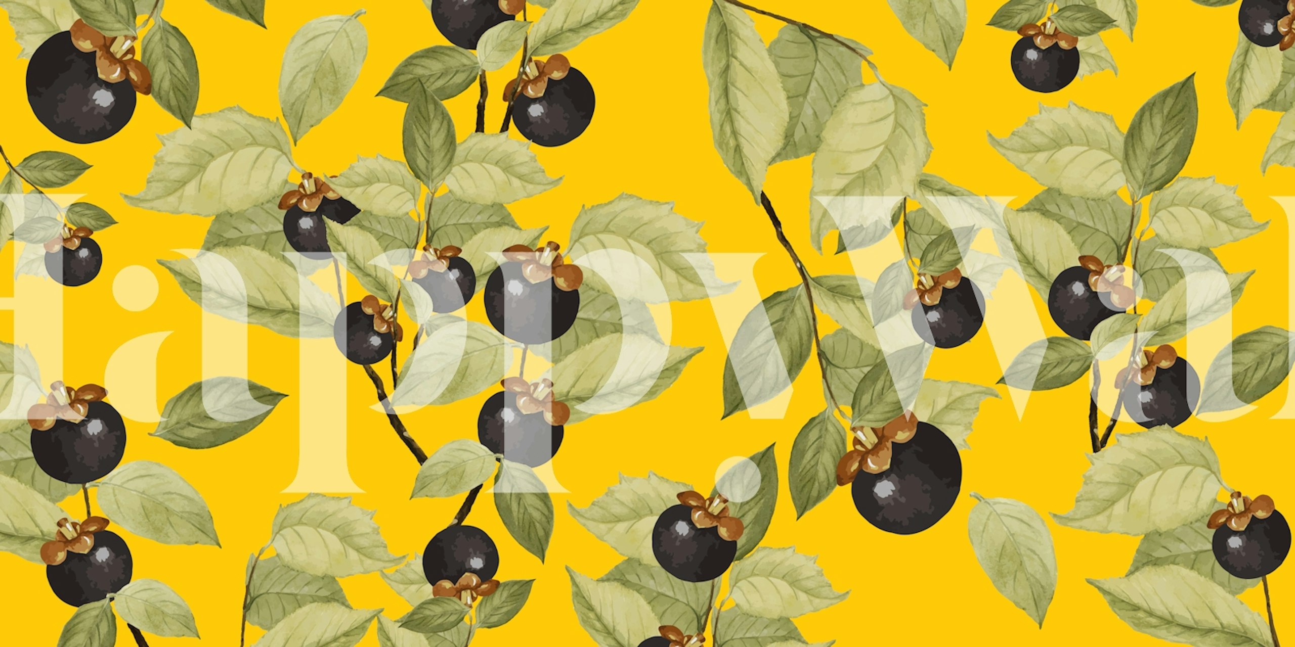 Yellow background wallpaper with black fruit and green leaves pattern