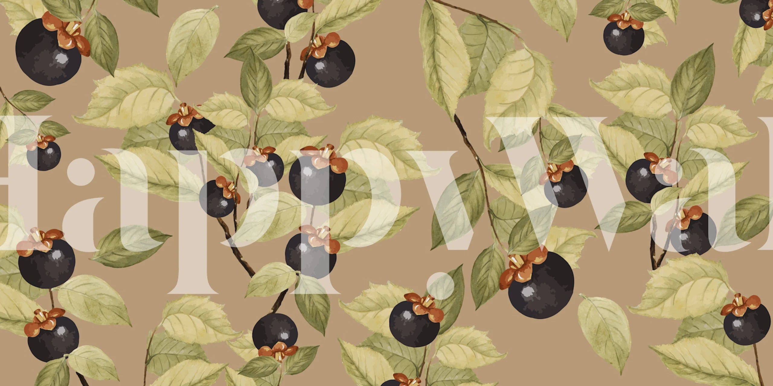 Black fruit and green leaves on beige wallpaper
