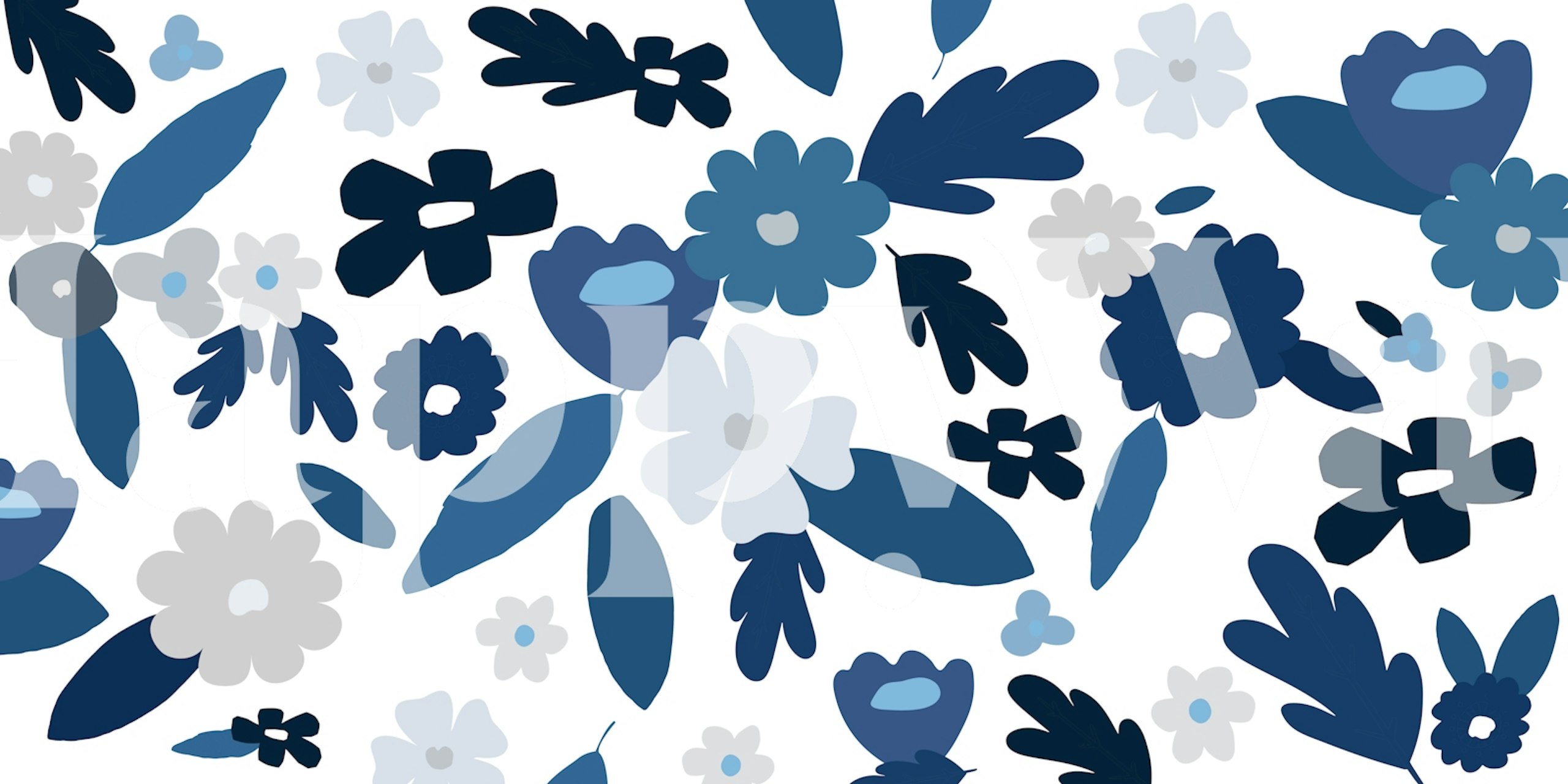 Blue floral pattern with abstract shapes and leaves wallpaper