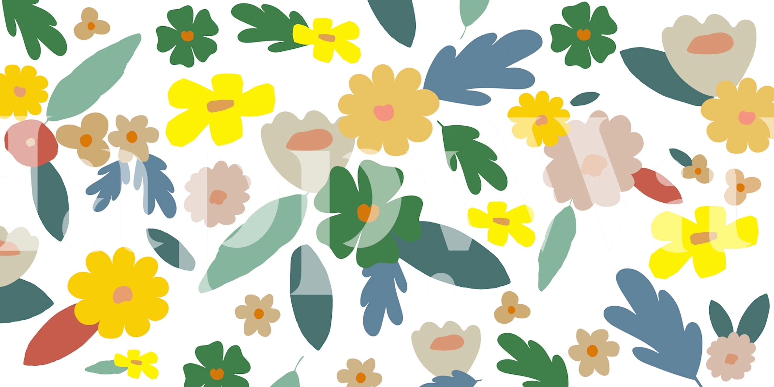 Colorful floral abstract shapes in yellow, green, and pink wallpaper
