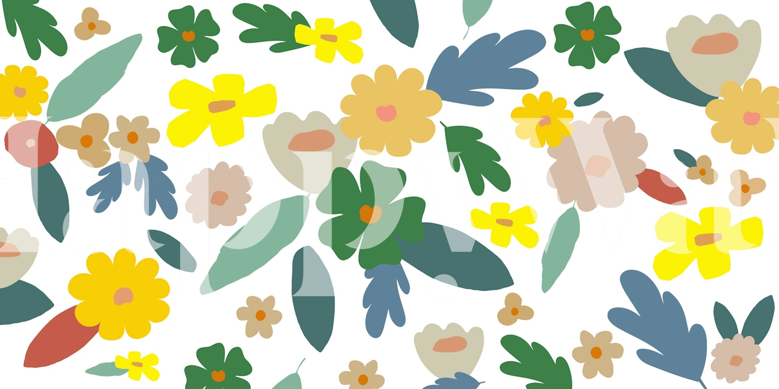 Colorful floral abstract shapes in yellow, green, and pink wallpaper