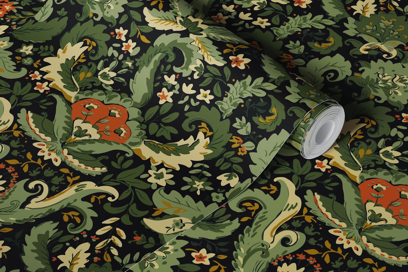 Bohemian damask green moss sage wallpaper roll