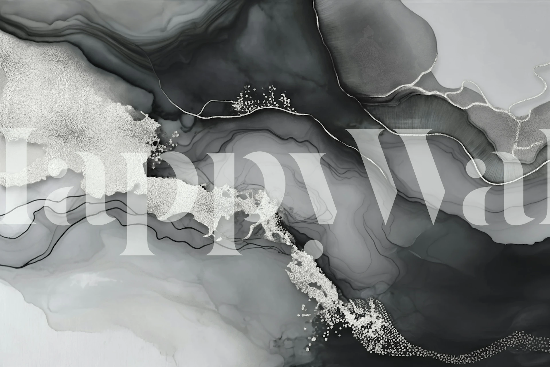 Moody Marbled Ink Grey Silver Tapete in einem Raum