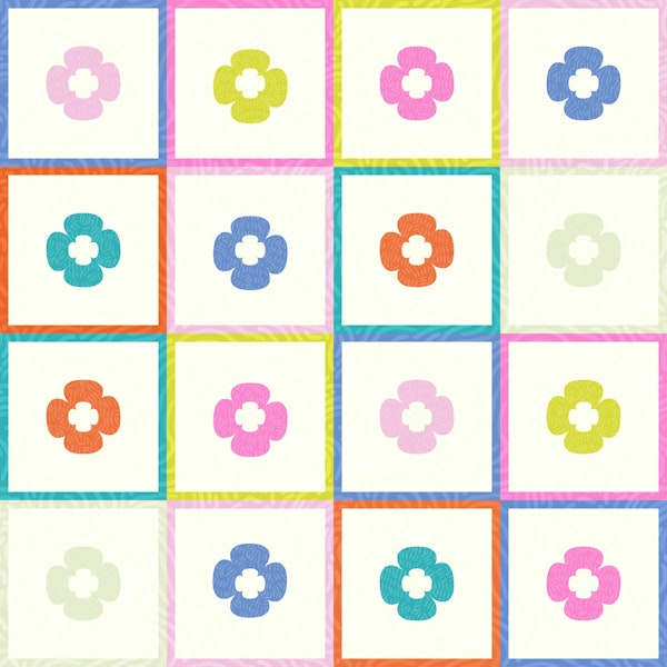 Colorful Kitschy Checkered Blooms - White