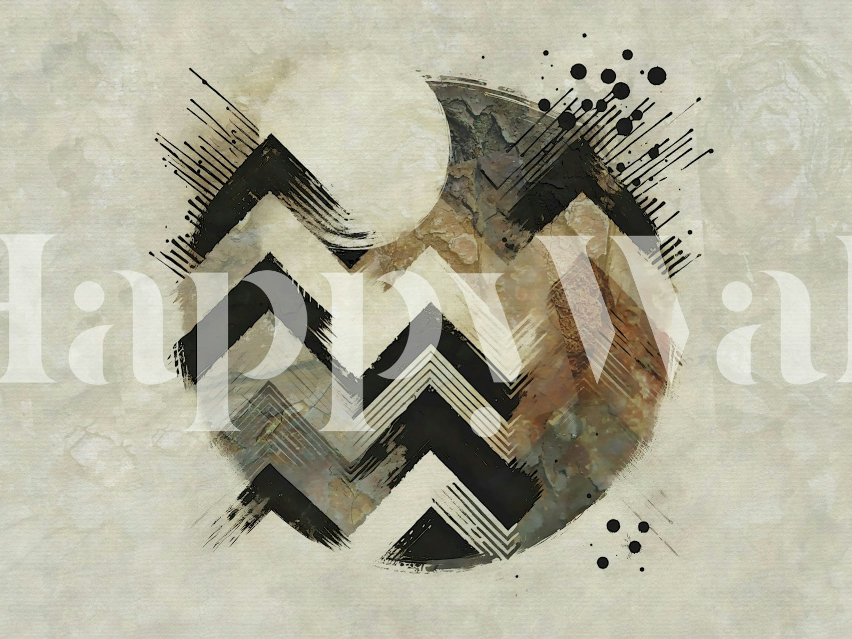 Abstract mountain design in black and beige with zigzag patterns and circular elements wallpaper