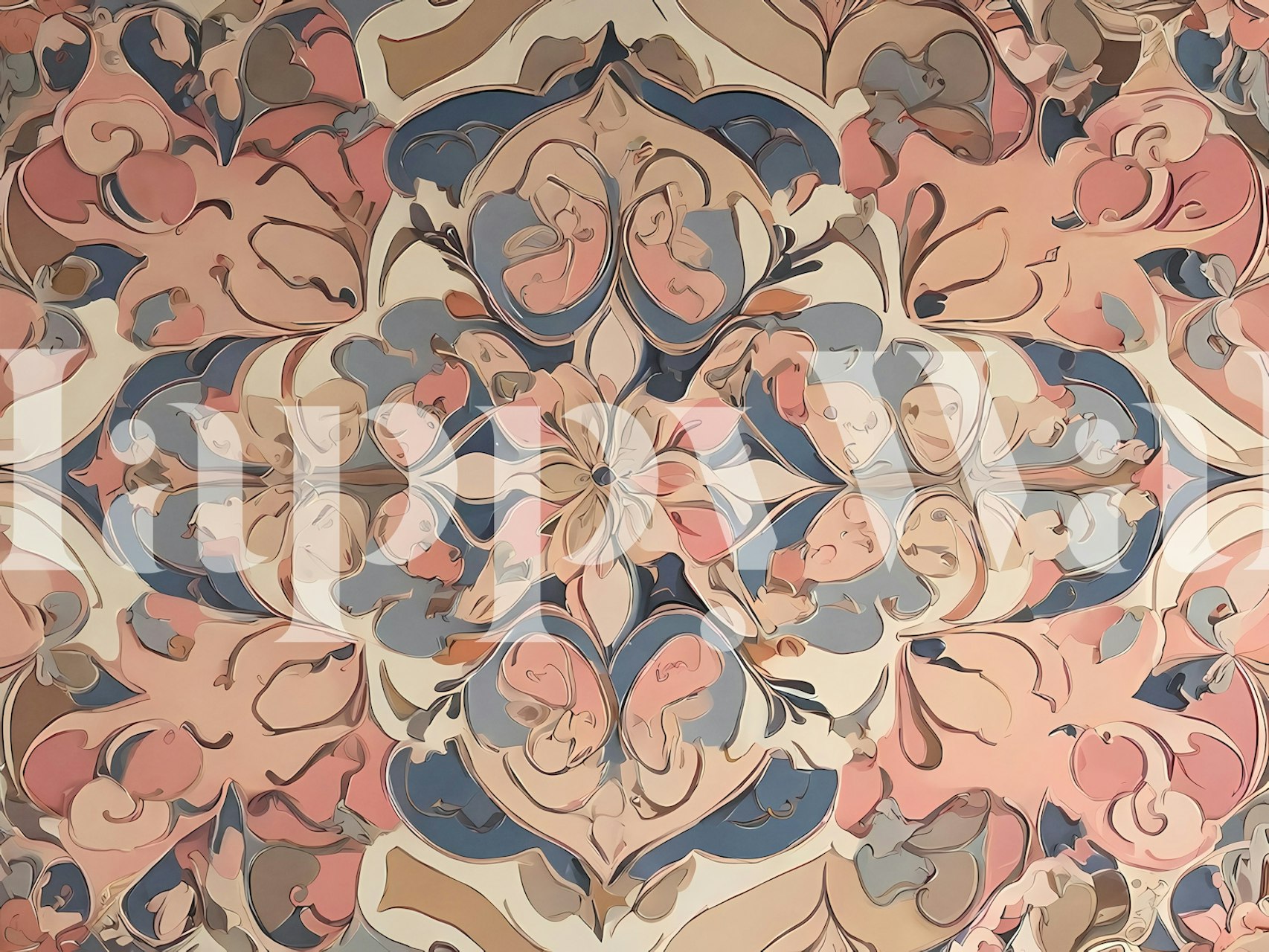 Vintage floral mural wallpaper featuring soft pink, blue, and cream colors with intricate floral patterns.