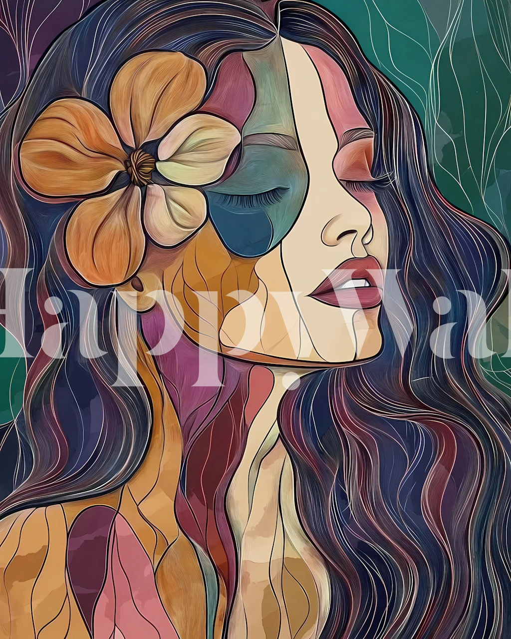 Abstract floral design with vibrant colors and wavy patterns wallpaper